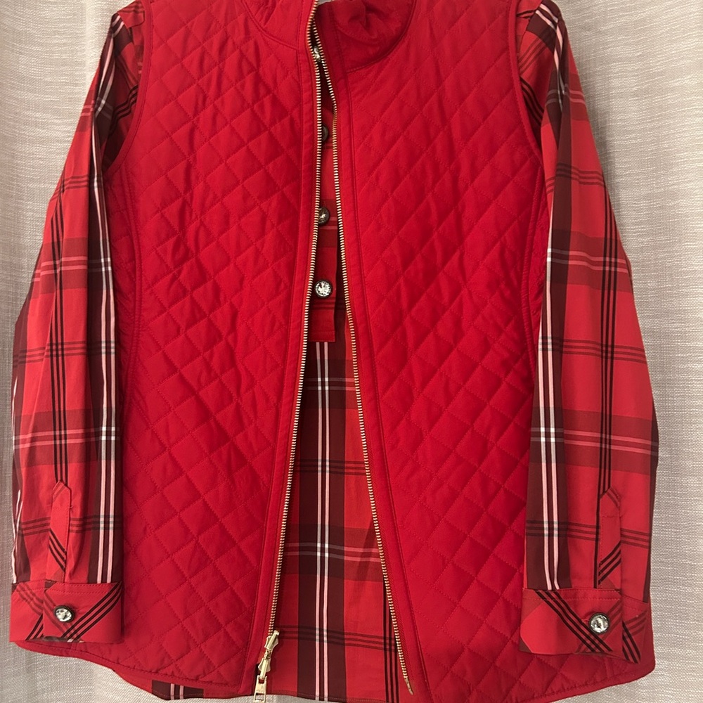 Chico's Red Plaid Shirt with reversible vest